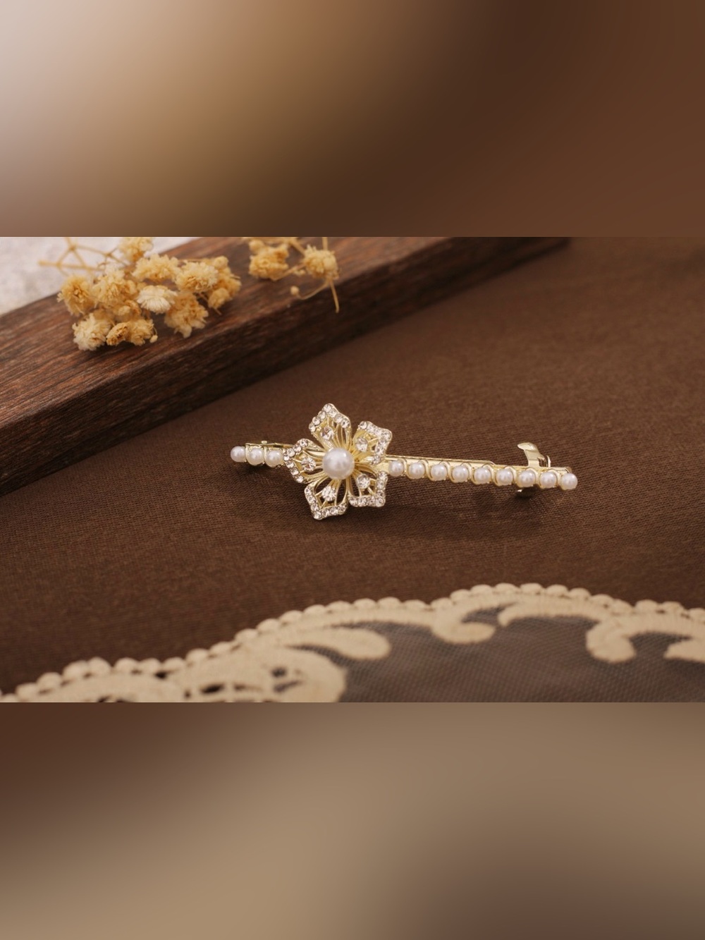 Gold Pearl & Rhinestone Floral Hair Barrette
